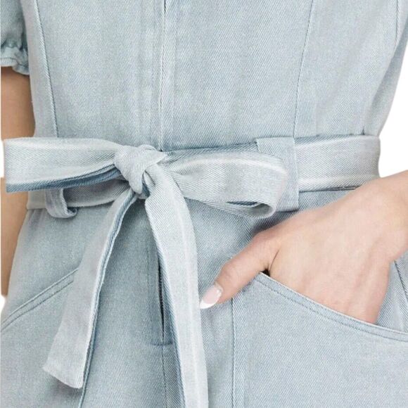 Vintage 80s-90s-Y2K Style Zip Up Denim Jumpsuit w/Puff Elastic Sleeves, belted S - Picture 12 of 12